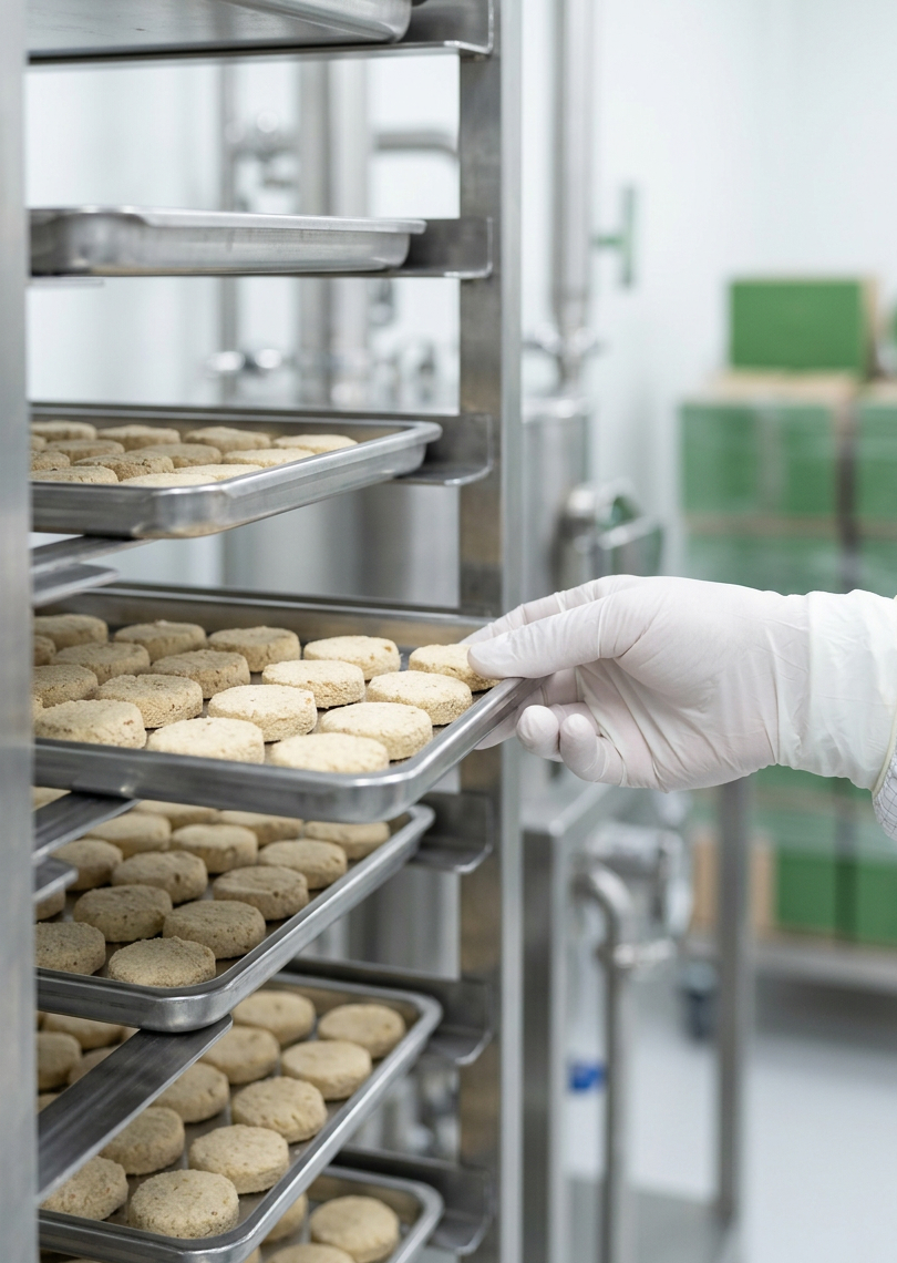 A gloved researcher transferring freeze-dried food pieces into a measuring container