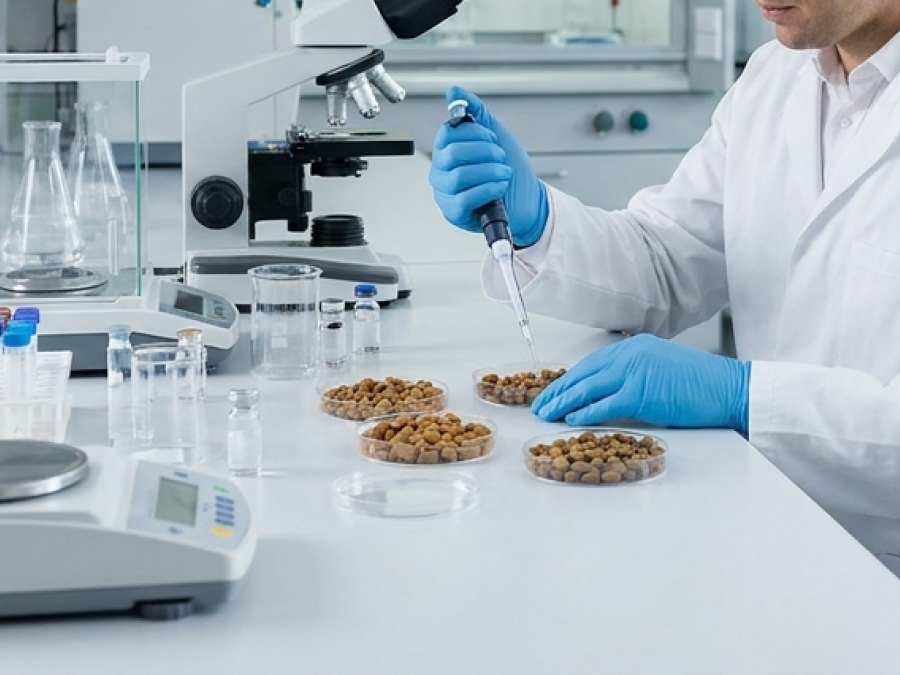 A researcher examining petri dish samples in a laboratory