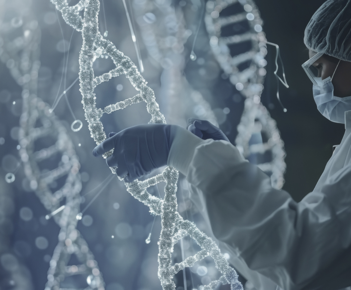 DNA 모형을 살피는 연구원